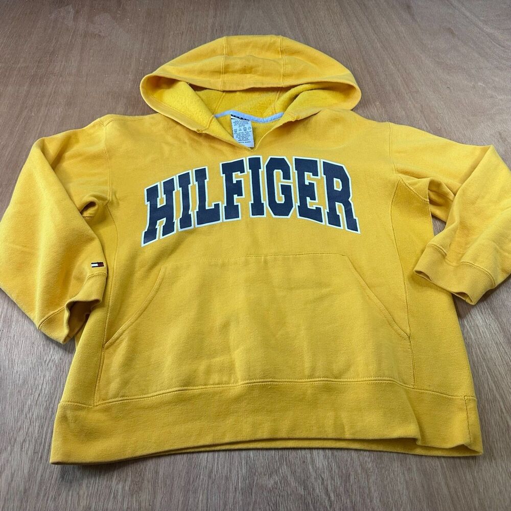 Tommy Hilfiger Hoodie Spellout Yellow Mens M Y2K Vintage Style Logo